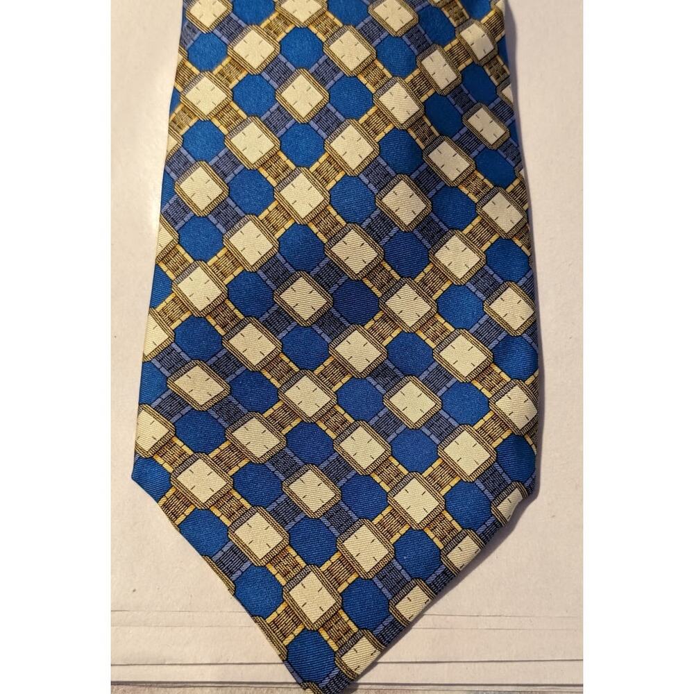 Piaget Silk Vintage 100% Silk Blue Gold Geometric Design Neck Tie - Picture 2 of 16